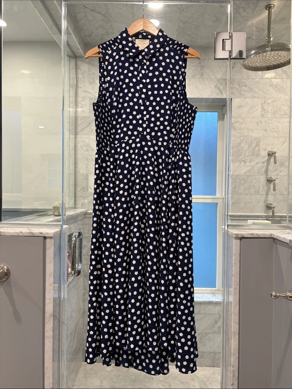 Kate Spade Sleeveless Navy Collared Midi Dress with white flowers - Size 12